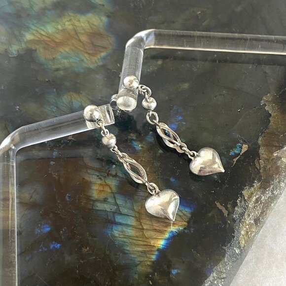 Sterling Silver 925 Dainty Petite Spiral Puffy Heart Dangle Drop Earrings - Picture 12 of 16